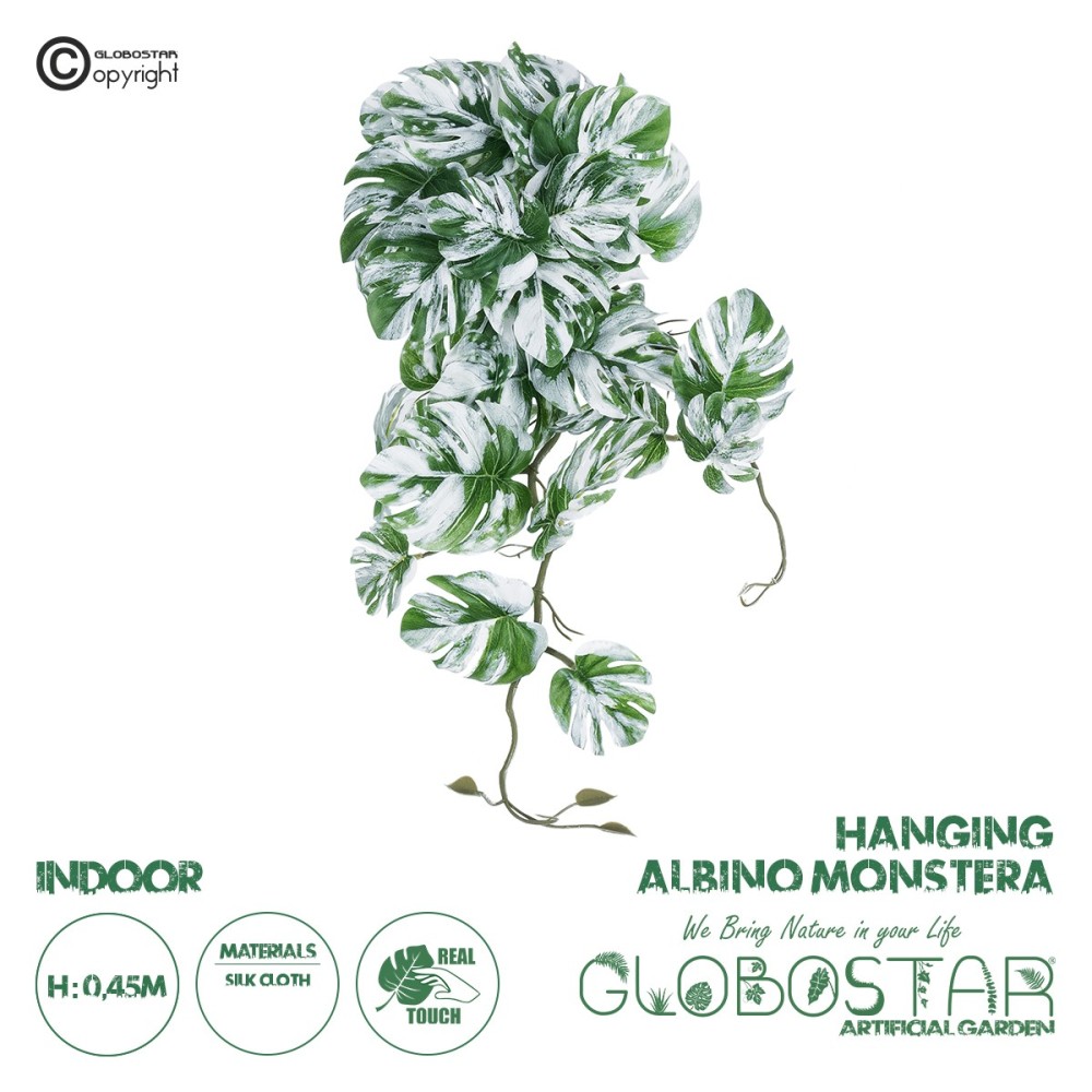 GloboStar® Artificial Garden ALBINO MONSTERA HANGING PLANT 20606 - Τεχνητό Διακοσμητικό Κρεμαστό Φυτό Μονστέρα Υ45cm